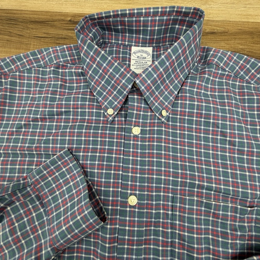 Brooks Brothers Shirt Mens Medium Regular Fit Non-Iron Stretch Check Button Down